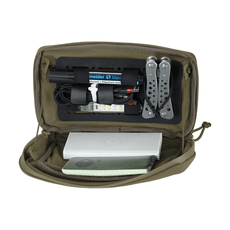 Open M-Tac Admin Pouch Large Elite with tactical gear like flashlight and multitool organized inside.