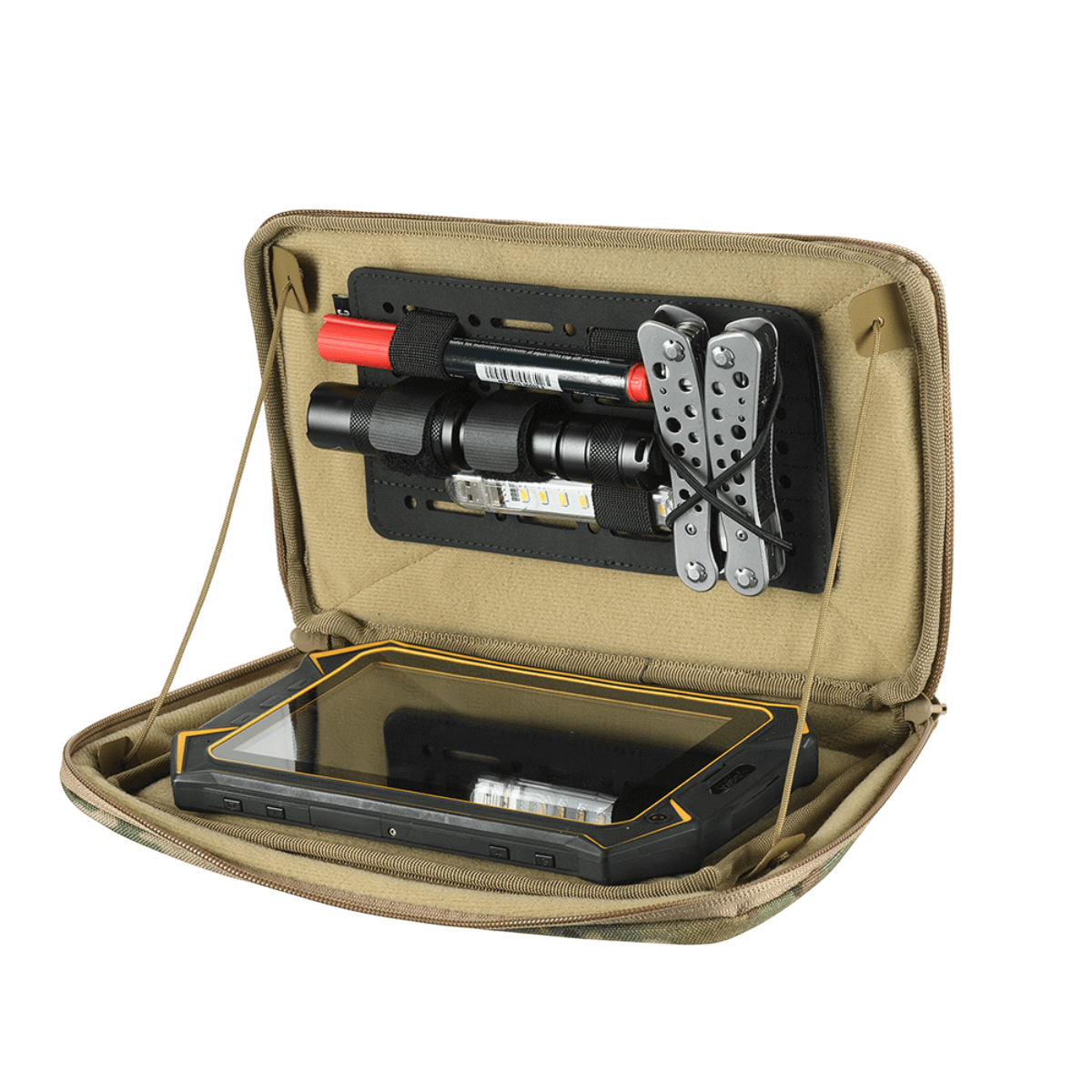 M-Tac Admin Pouch X-Large Elite med værktøj og tablet, lavet af slidstærkt Cordura med velcro til modulær opbevaring