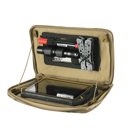 M-Tac Admin Pouch X-Large Elite open pouch with tools and tablet, optimized for tactical gear in a rugged, durable Cordura 500D design.