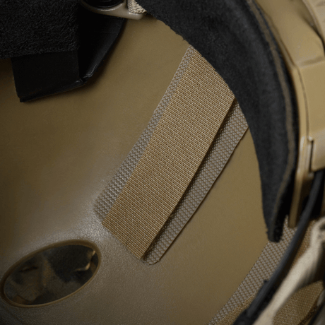 Inside a helmet with M-Tac Vilha Cover Sticker Set (5 pcs) attached, showing strong 3M adhesive and Velcro texture.