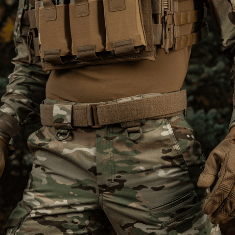 M-Tac Range Belt Cobra Buckle Gen.IV for military use, with camouflage design and tactical gear.