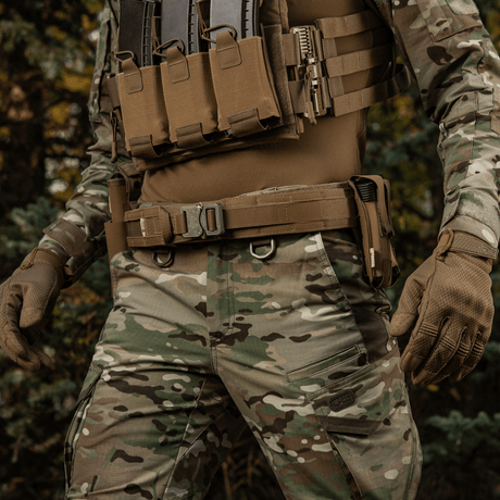 M-Tac Range Belt Cobra Buckle Gen.IV reinforced tactical belt for military and police use with magazine pouches and first aid gear.