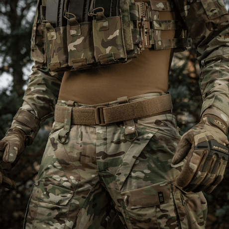 M-Tac Range Belt Cobra Buckle Gen.IV on tactical uniform, ideal for military use and the shooting range, with magazine pouches and gear attachments