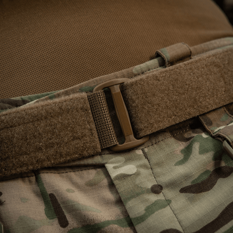 M-Tac Range Belt Cobra Buckle Gen.IV - tactical military belt with adjustable size and reinforcement, shown on camouflage trousers
