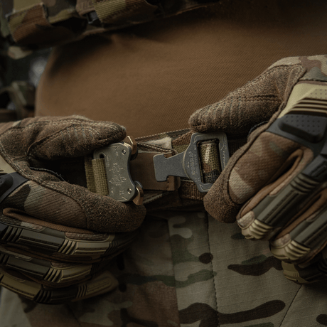 M-Tac Range Belt Cobra Buckle Gen.IV shown close-up with tactical gloves, designed for military and police applications.