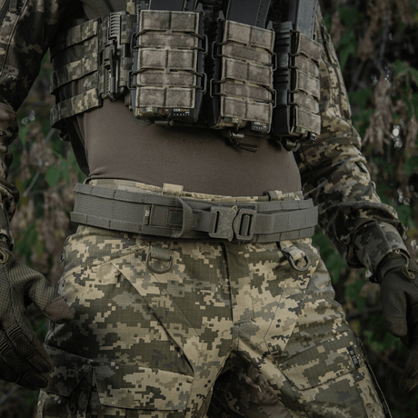 M-Tac Range Belt Cobra Buckle Gen.IV shown in use with tactical gear, ideal for military, police and active use, including shooting ranges