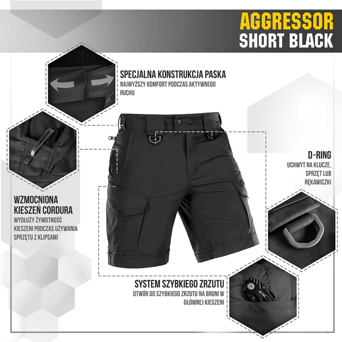 M-Tac Shorts Aggressor Short i sort, knælange med taktiske funktioner, elastisk polycotton for bevægelsesfrihed, ideel til sommerbrug.