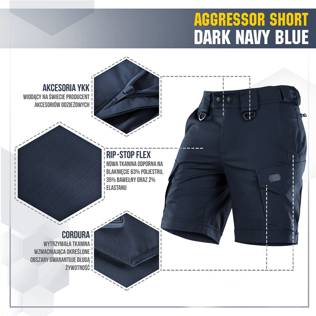 M-Tac Shorts Aggressor Short i mørk marineblå med taktiske funktioner, inklusive YKK lynlåse og rip-stop flex materiale.