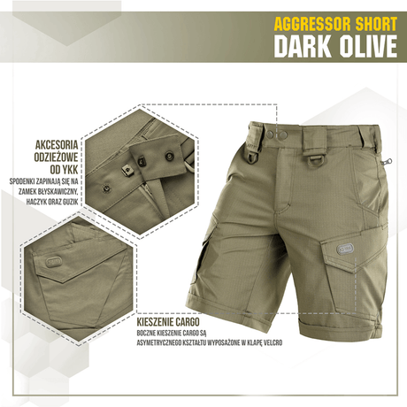M-Tac Shorts Aggressor Short i mørk oliven, knælange taktiske shorts med lommer og justerbar pasform, ideelle til aktiv brug.
