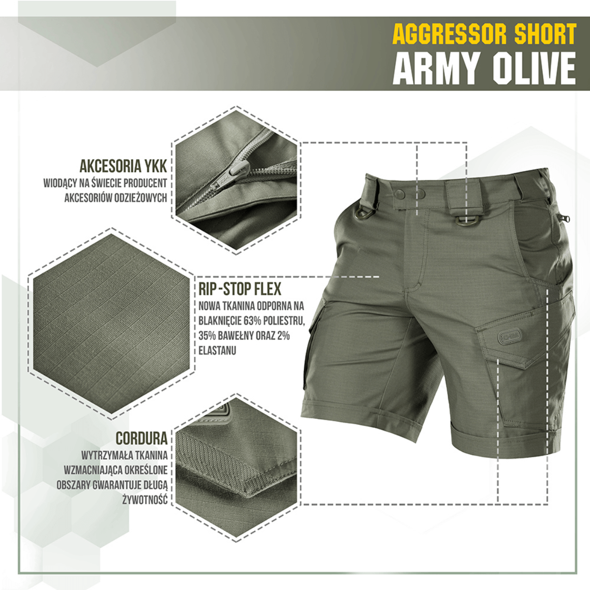 M-Tac Shorts Aggressor Short i army oliven, let og holdbar med rip-stop flex materiale og taktiske funktioner til by eller natur.