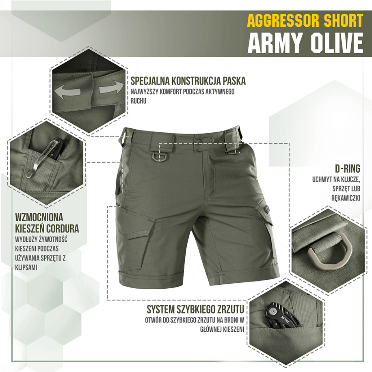 M-Tac Shorts Aggressor Short i army olive farve med taktiske funktioner, D-ringe og YKK lynlåse, ideelle til varmt vejr og aktiv brug.