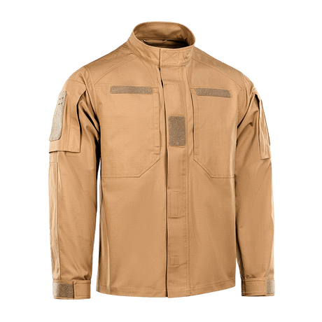 M-Tac Jakke Patrol Flex i sandfarve med velcro paneler, YKK fittings og taktiske detaljer til praktisk brug.