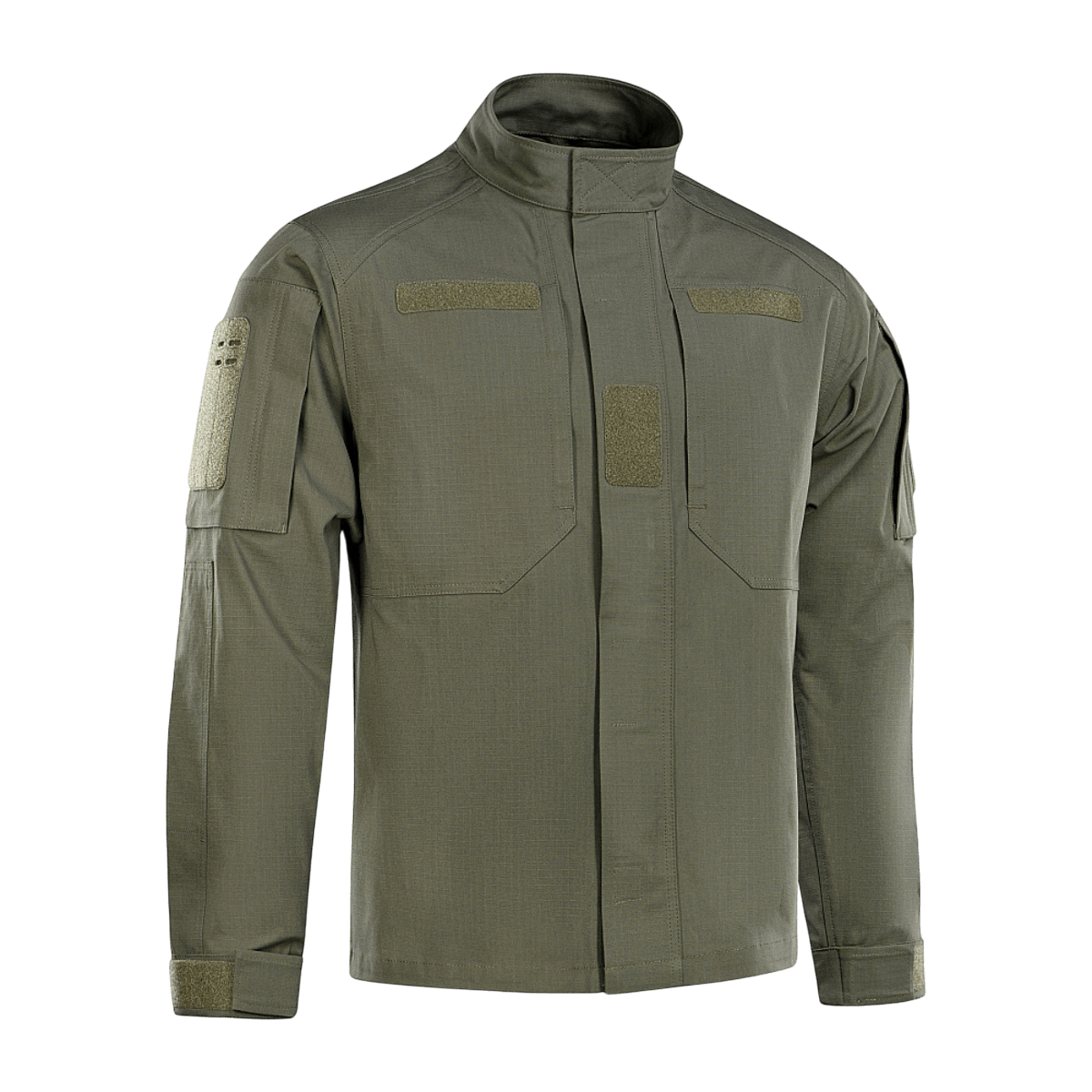 M-Tac Jakke Patrol Flex med velcro-lommer og ventilationsøjer, ideel til taktisk brug, i olivengrøn farve.