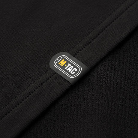 M-Tac Pullover 4 Seasons in black with logo, versatile for everyday and tactical use, made of 95% cotton and 5% elastane for all seasons