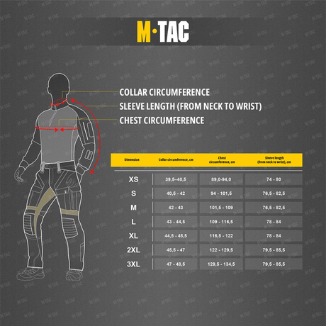 Size guide for M-Tac Pullover 4 Seasons with collar, sleeve length and chest measurements for all sizes.