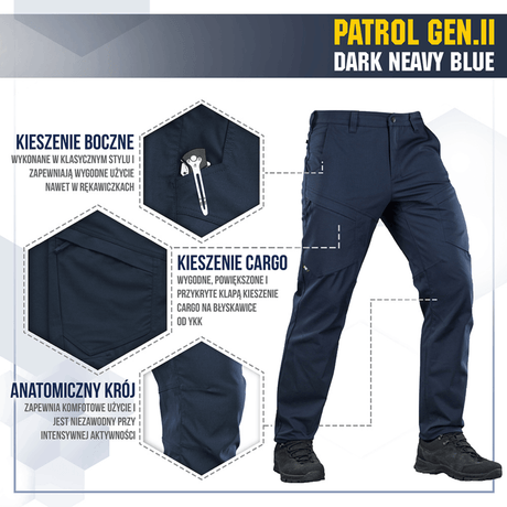 M-Tac Tactical Bukser Patrol Gen II Flex i mørk neavy blå med lommer og anatomisk design for komfort og bevægelsesfrihed.