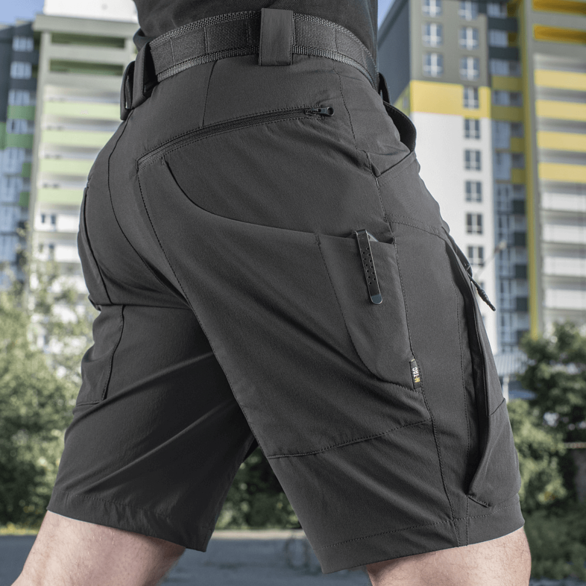 M-Tac Shorts Rubicon Flex i mørk oliven med cargo-lommer og 4-vejs stræk, perfekt til sommer og udendørs brug.