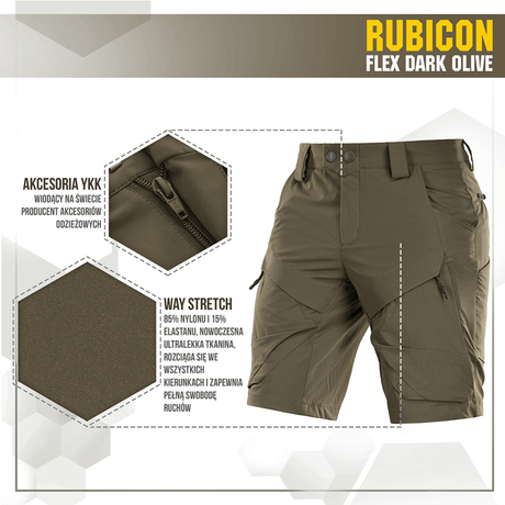 M-Tac Shorts Rubicon Flex i mørk oliven med cargo-lommer, 4-vejs stræk og vandafvisende YKK lynlåse for komfort og bevægelsesfrihed.