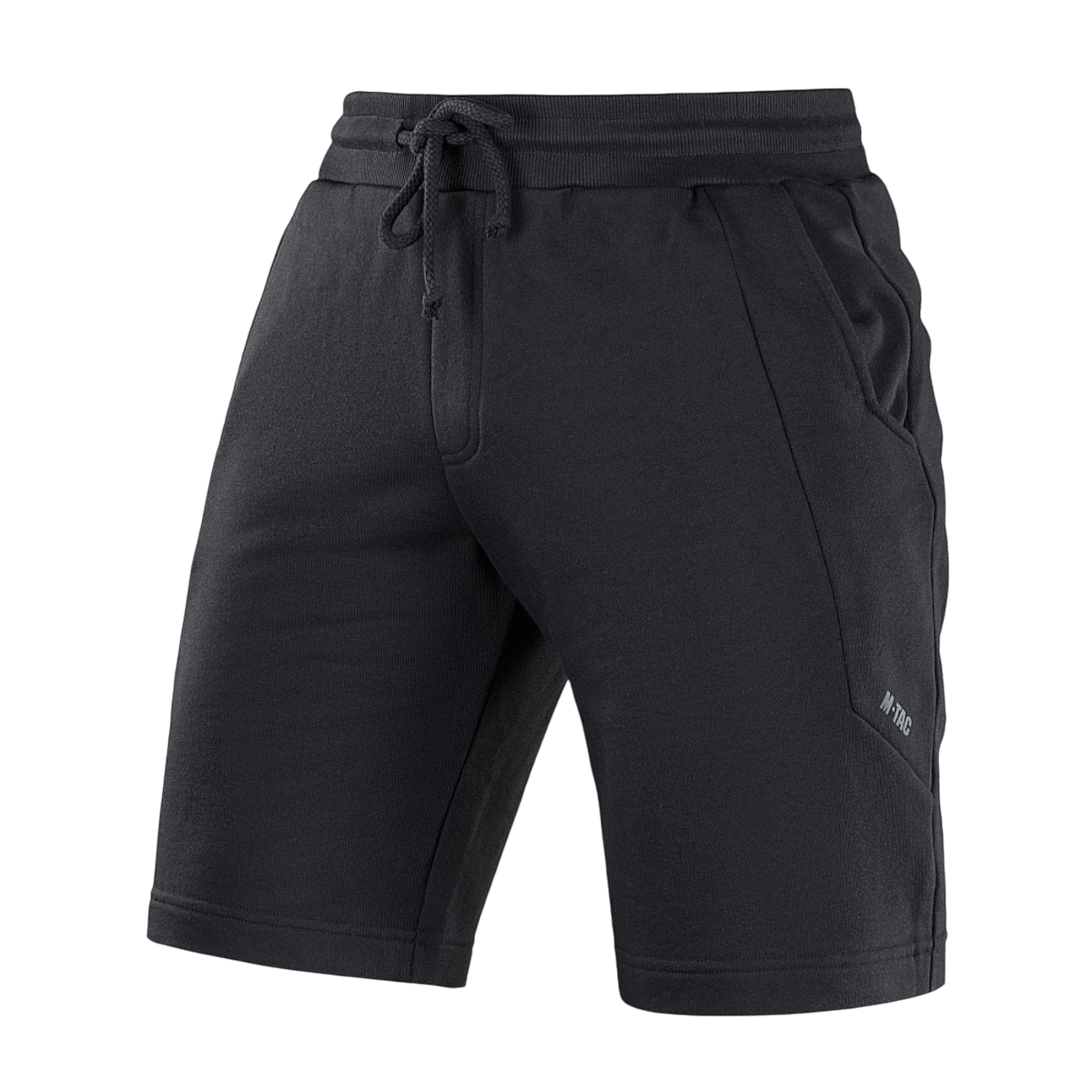 M-Tac Shorts Casual Fit Cotton med elastik i taljen, sorte farve, 100% bomuld, diskret logo, ideelle til sommer og aktiv brug.