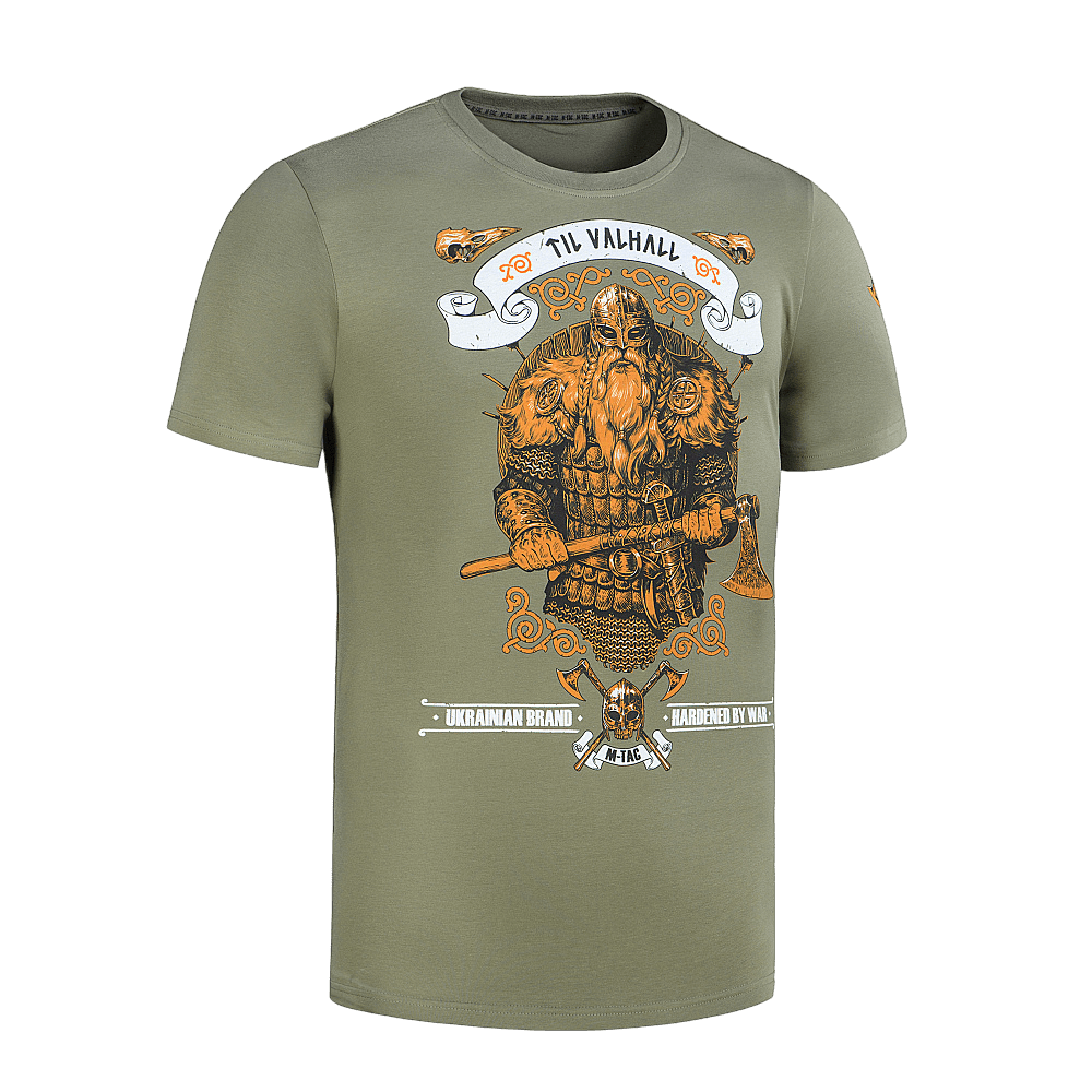 M-Tac T-shirt Viking med frygtindgydende viking i kampudrustning og teksten "Til Valhall" på fronten.
