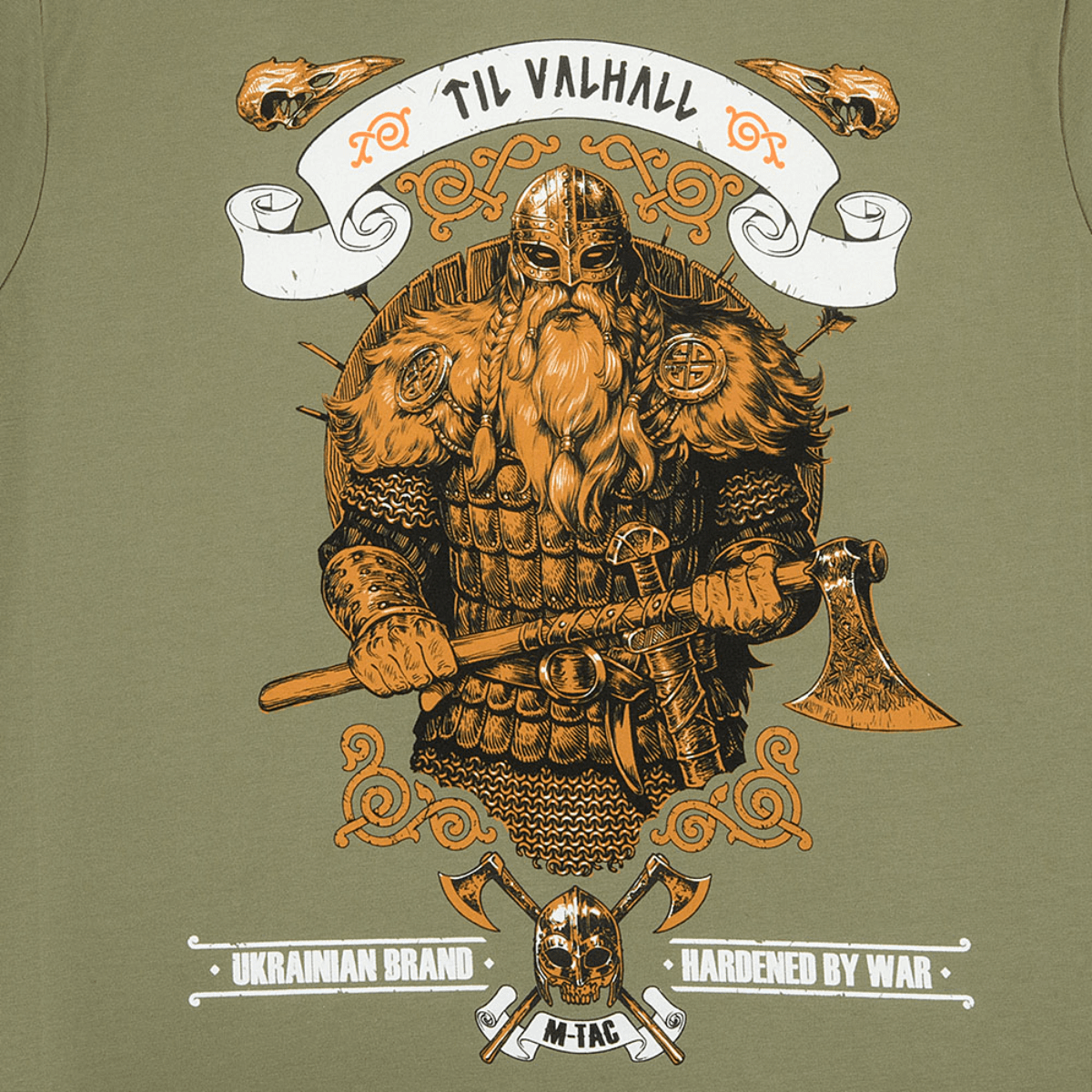 M-Tac T-shirt Viking med frygtindgydende viking og teksten 'Til Valhall', fremhæver kampgejst og nordisk kultur. 93% bomuld.