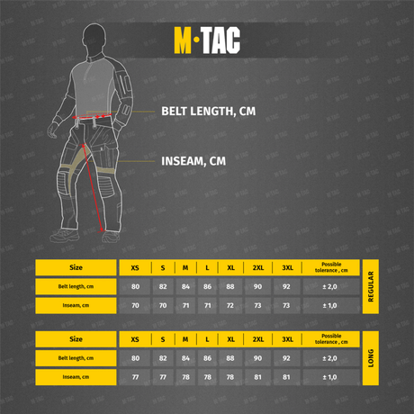 Size chart for M-Tac Cotton Classic pants, with waist length and inseam in cm. Shows sizes XS–3XL in regular and long.