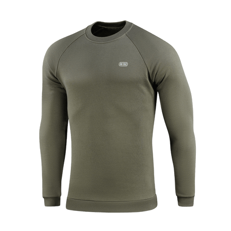 M-Tac Sweatshirt Cotton Hard i oliven farve med reflekterende logo på brystet, lavet af 100% bomuld med ribkanter for komfort og varme.
