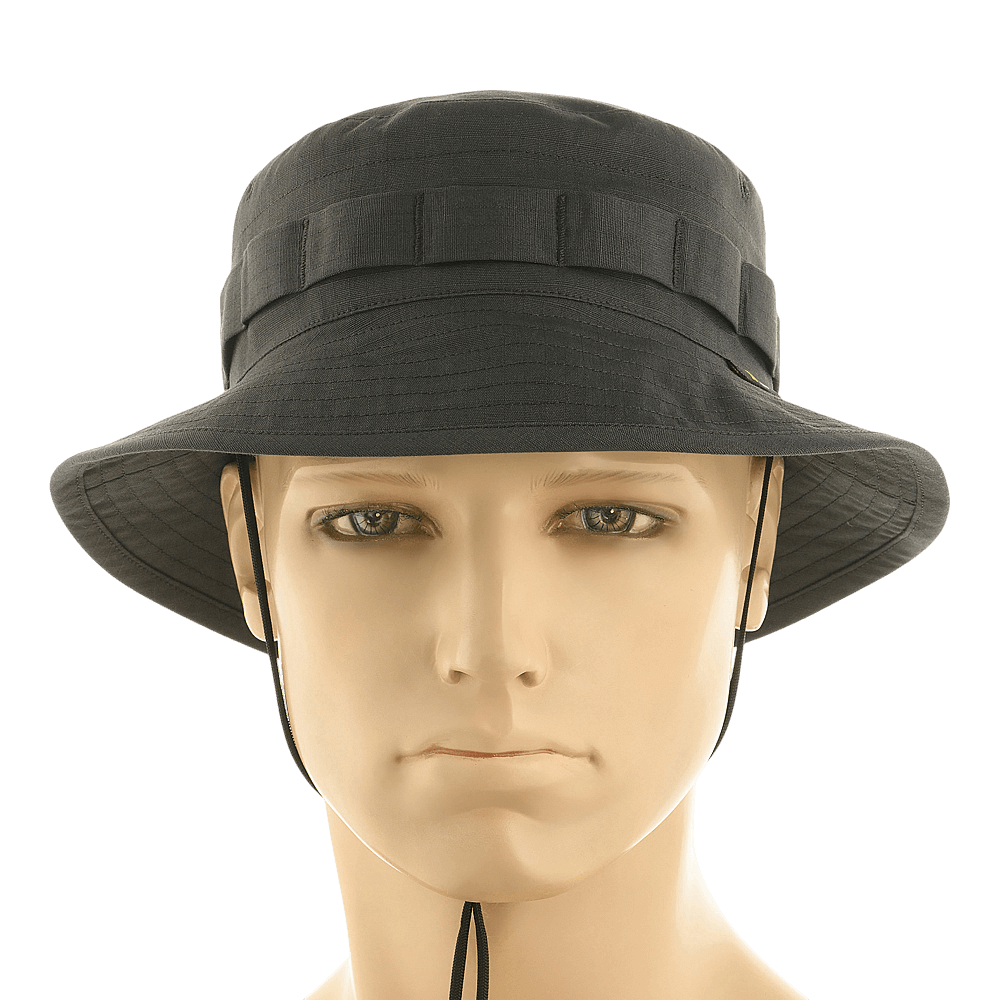 M-Tac Panama Rip-Stop army-hat med semi-stiv skygge, bånd til camouflage og ventilation, vist på mannequin.