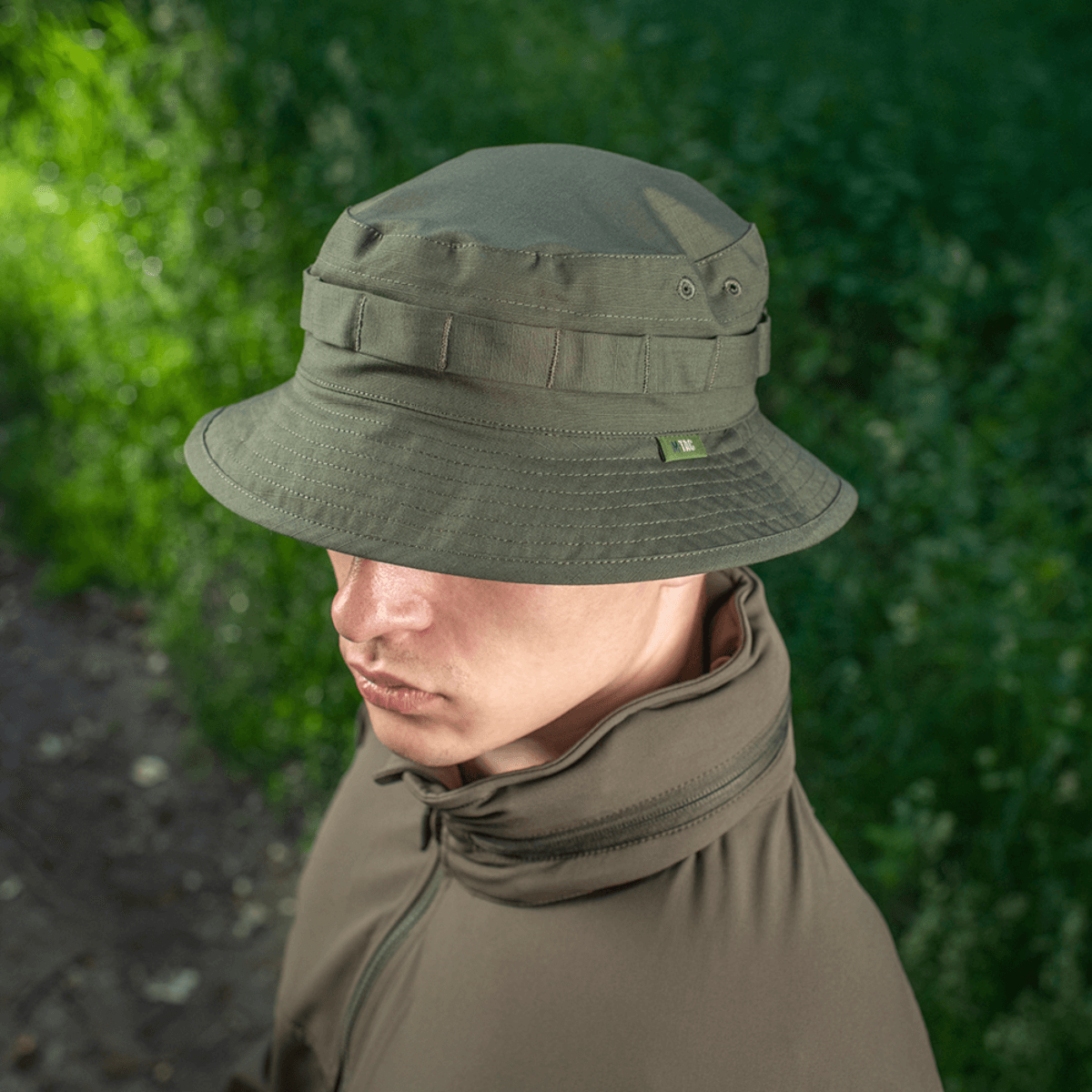 M-Tac Panama Rip-Stop hat with semi-stiff brim and ventilation, inspired by the Boonie model, worn outdoors.