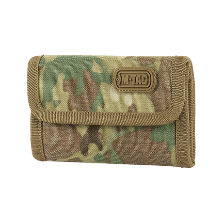 M-Tac Pouch Elite Gen.II in robust Cordura 500D, compact design with compartments for cards and cash, camouflage pattern, M-Tac logo.