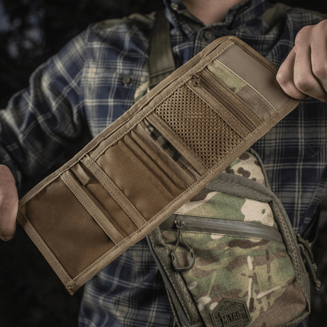 M-Tac Pung Elite Gen.II in Cordura 500D, held open to show compartments and sections, ideal for cash, cards and business cards.