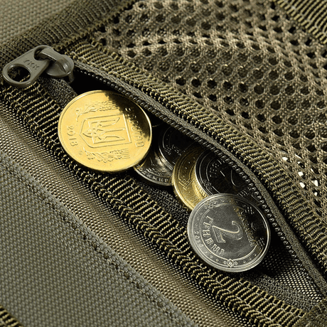 Close-up of M-Tac Pung Elite Gen.II coin pocket with zipper, showing practical coin storage. Made from durable Cordura 500D.