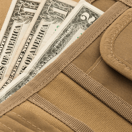 M-Tac Wallet with Patch Panel Elite Large in 1000D CORDURA® with dollar bills in pocket.