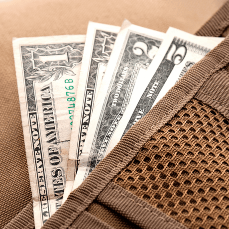 M-Tac Wallet with Patch Panel Elite in military-style, open with visible dollar bills, showing robust CORDURA® construction and Velcro closure.
