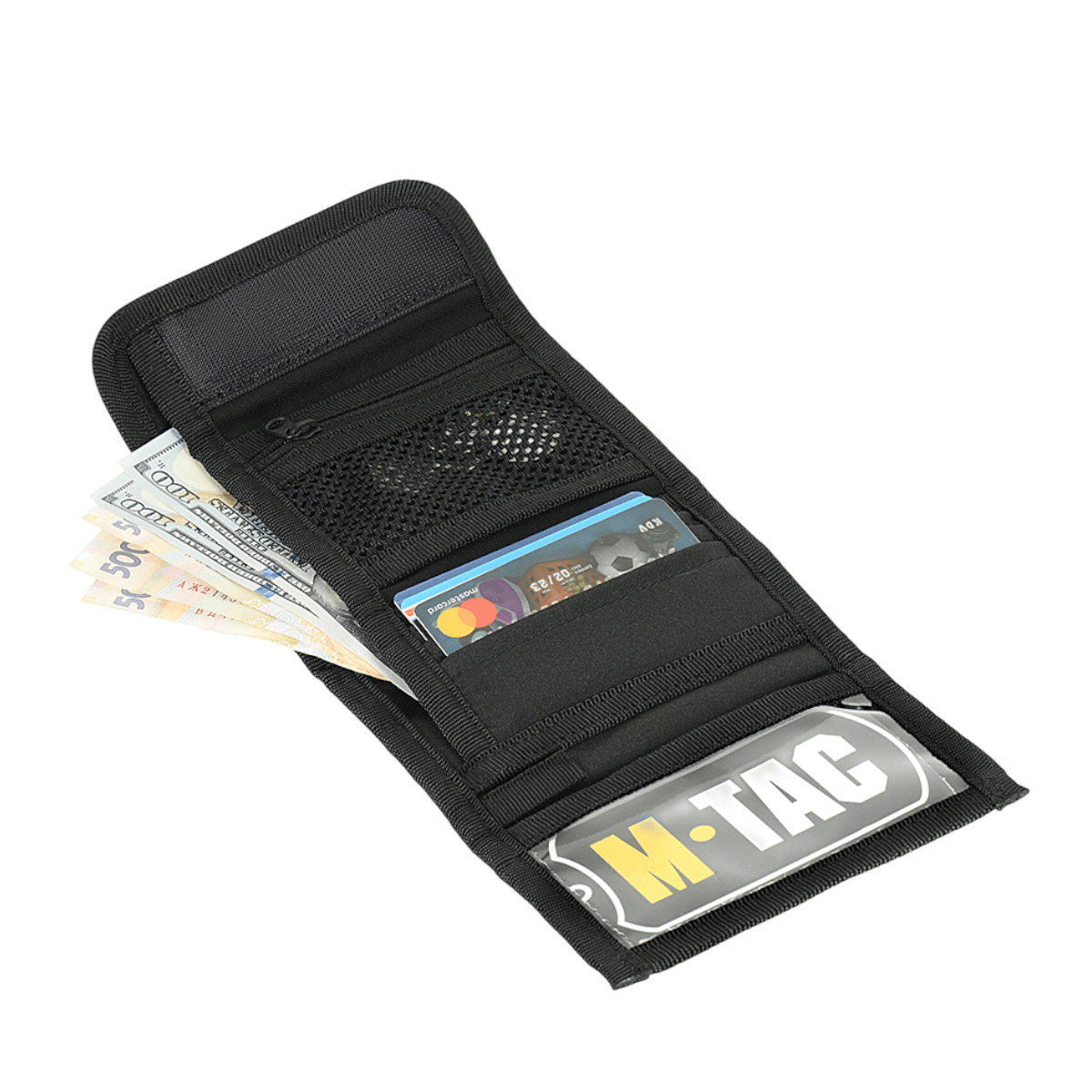 M-Tac Pung med Patch Panel Elite Gen. II med rum til kontanter og kort, sort design, lavet af slidstærkt Oxford og Cordura 500D materiale.