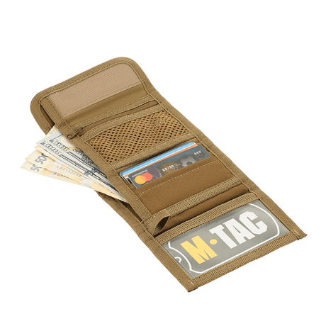 M-Tac Wallet with Patch Panel Elite Gen. II opened, showing compartments for cash and cards, made of durable material.