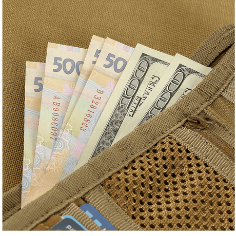 M-Tac Patch Panel Elite Gen. II wallet with cash and cards in compartments.