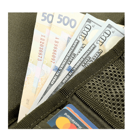 M-Tac Patch Panel Elite Gen. II wallet showing compartments with cash and payment cards in Oxford and Cordura 500D material.