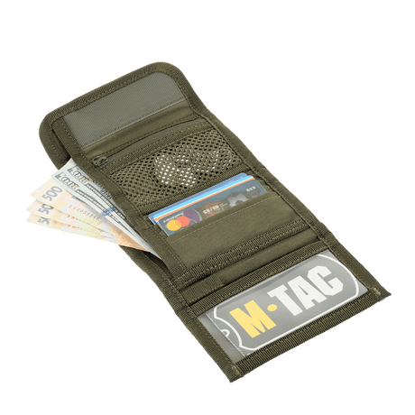 M-Tac Patch Panel Elite Gen. II in green with compartments for bills, cards and documents, made from robust materials.