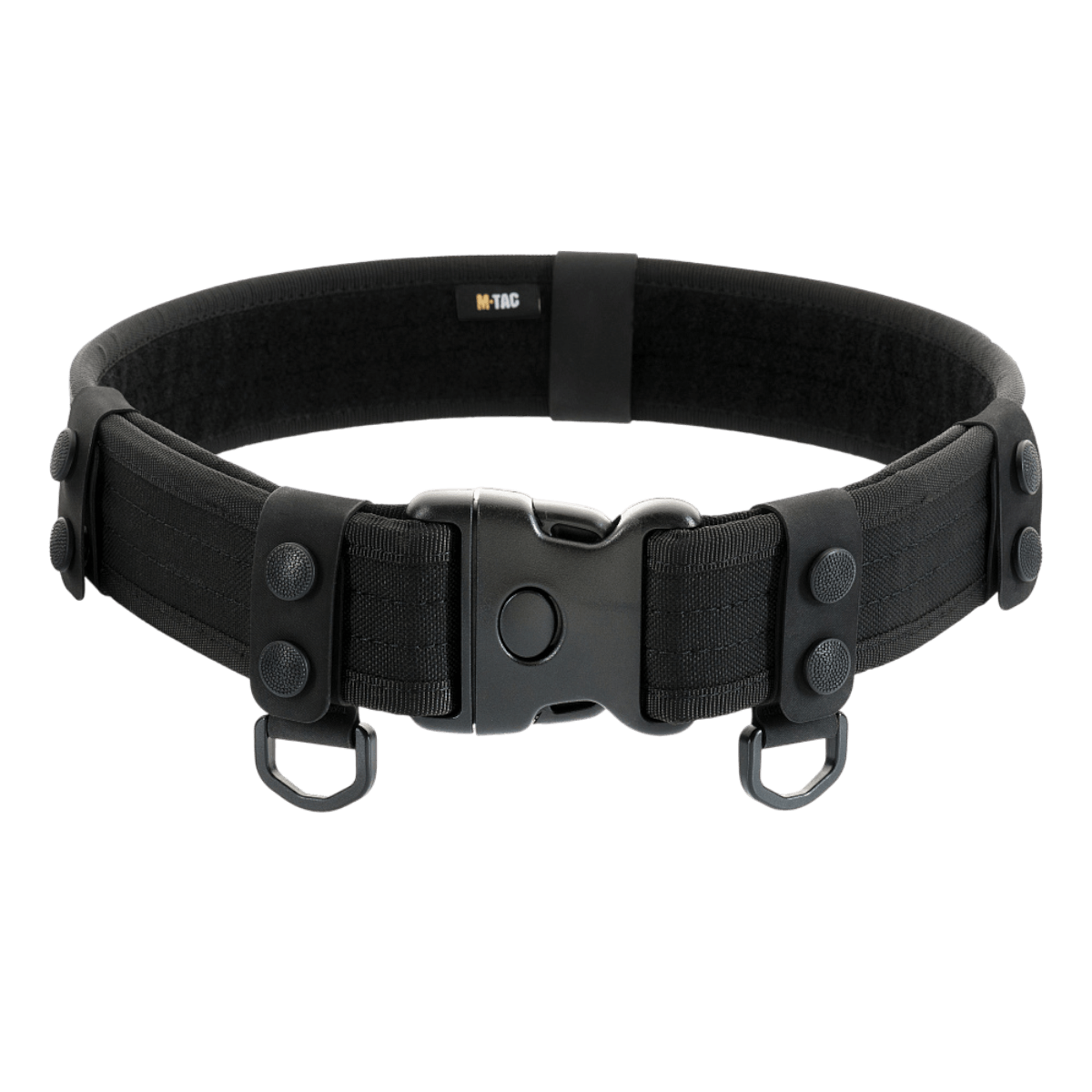 M-Tac Taktiske Bæltefittings (5 stk.) med D-ringe til ekstra udstyr og politibælte på sort taktisk bælte.