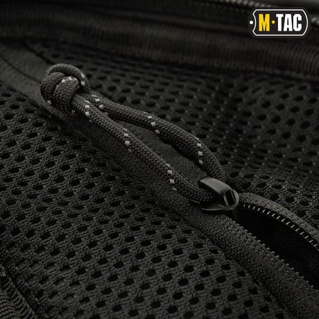 Close-up of zipper and texture on M-Tac Buckler Bag Elite in black Cordura 500D material, showing detailed design.