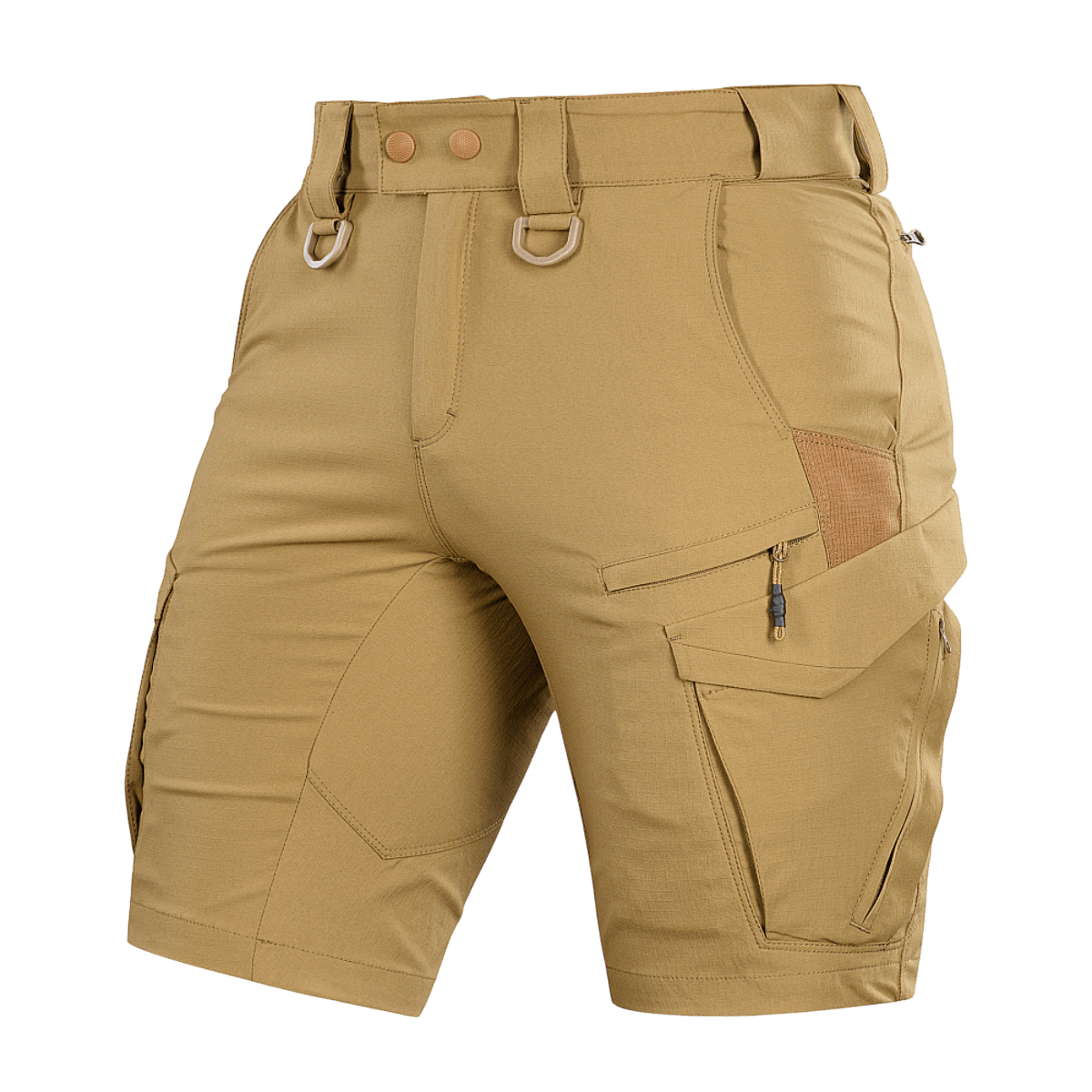 M-Tac Aggressor Summer Flex Shorts i beige Flex Rip-Stop stof med D-ringe og flere lommer til taktisk brug.