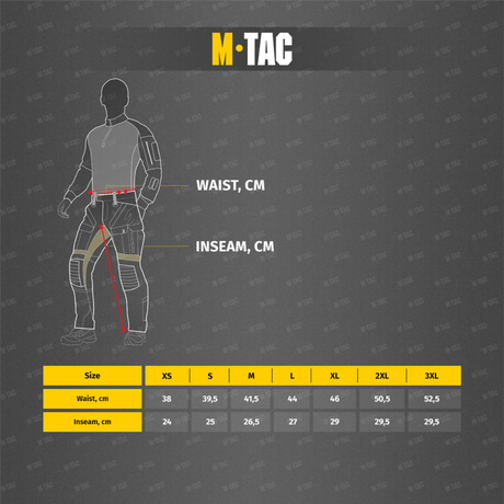 Størrelsesguide for M-Tac Aggressor Summer Flex Shorts: taljemål og indersøm i centimeter, størrelser XS til 3XL