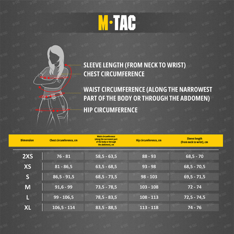 Størrelsesguide for M-Tac Sweater Nord Fleece Polartec Dame med målinger i cm for bryst, talje, hofte og ærmelængde.
