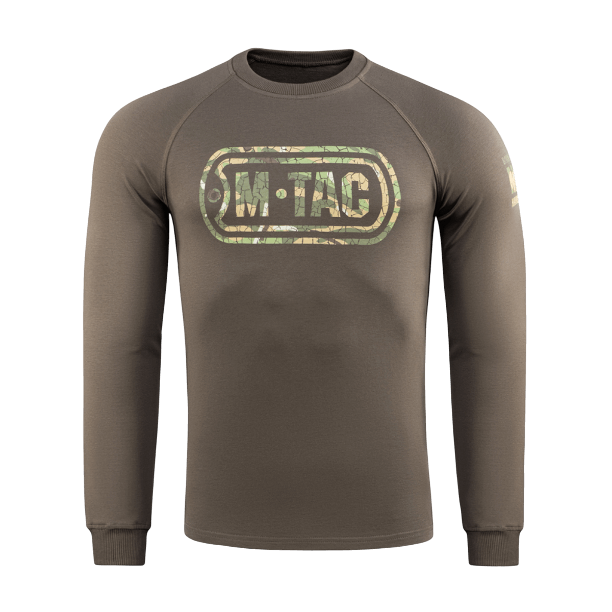 M-Tac Raglan Logo trøje med camouflage logo og slogan på ærme. 95% bomuld, 5% elastan, komfortabel pasform, grøn farve.