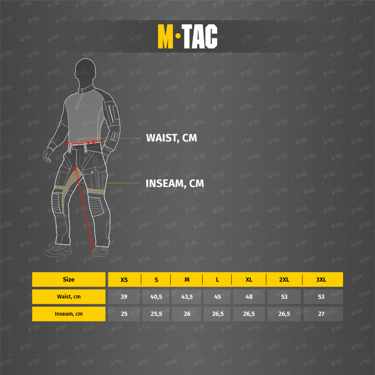 Størrelsesguide for M-Tac Shorts STURM Gen.II Nyco Extreme med talje og inseam målinger