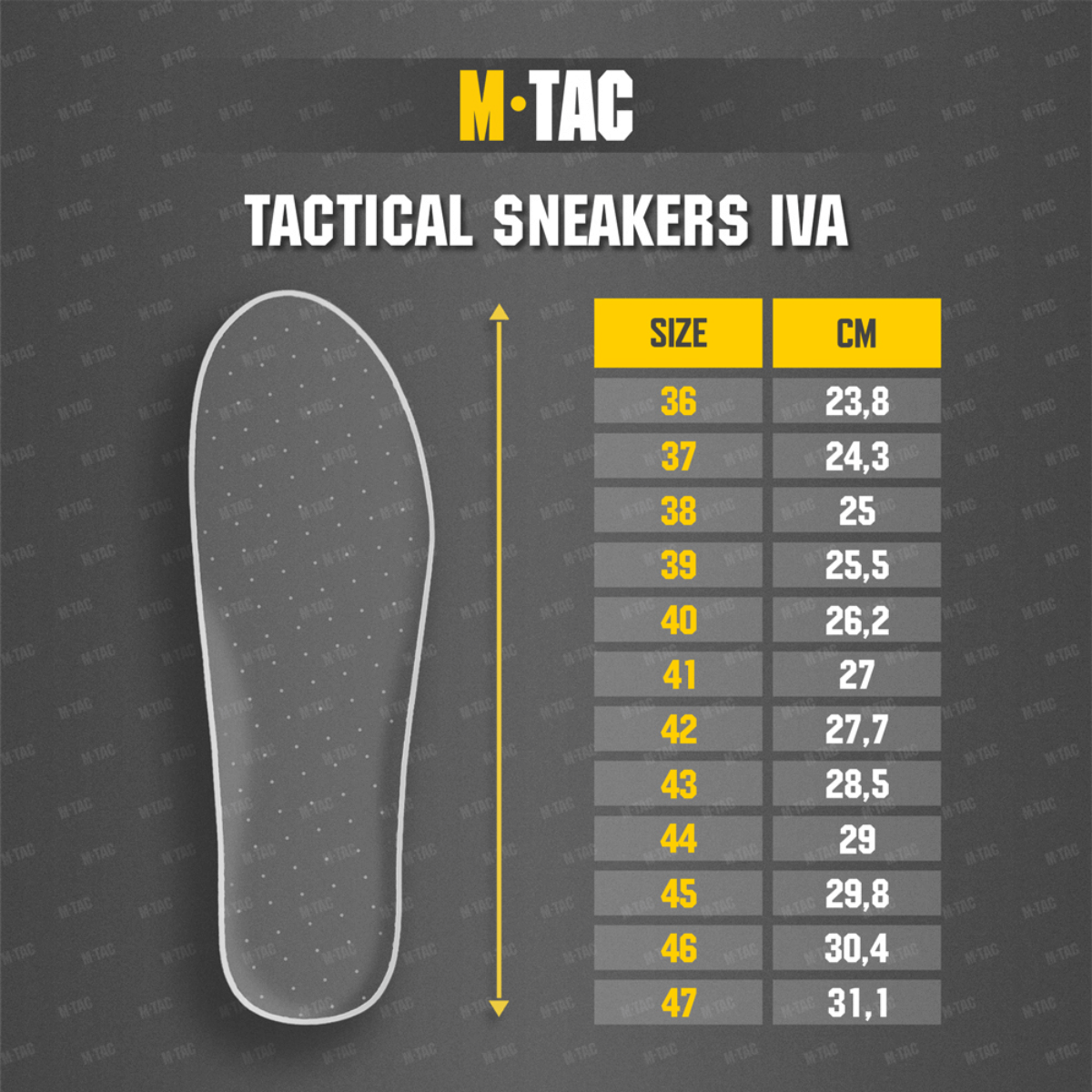 Størrelsesguide til M-Tac Tactical Sneakers IVA, viser skostørrelser fra 36 til 47 i cm. Ideelle til udendørsaktiviteter og trekking.