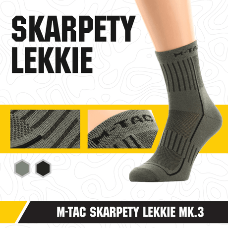 M-Tac Letvægtssokker Mk.3 i grå farve, designet til sommerbrug med ergonomiske trykpunkter for trekking og daglig komfort.