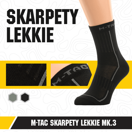 M-Tac Letvægtssokker Mk.3 i sort, tynde og ergonomiske trekkingsokker med åndbart materiale, ideelle til sommerbrug og daglig komfort.