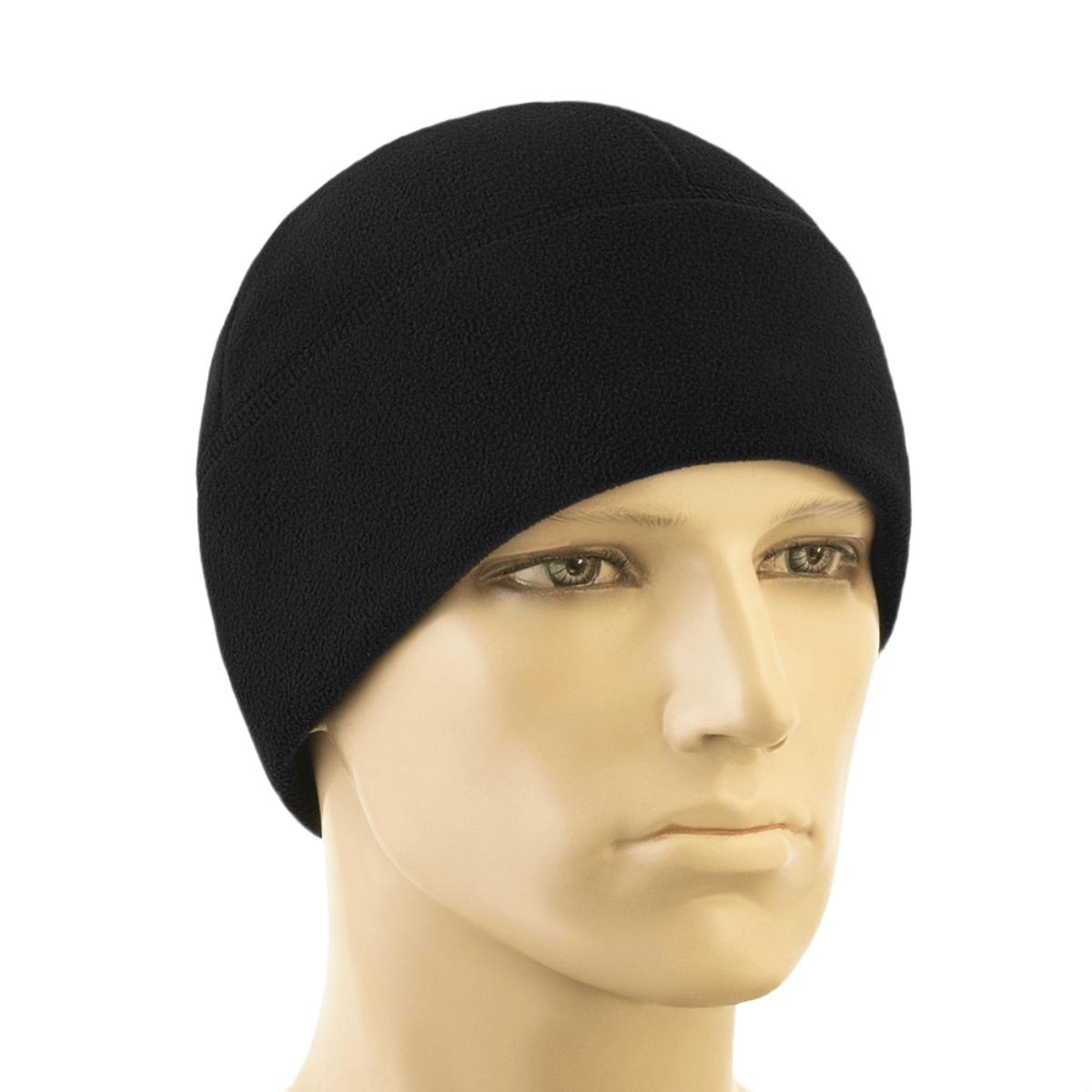 M-Tac Watch Cap Elite Fleece Beanie Hat, sort hue på mannequin, let og varm, perfekt til taktisk brug og vinteraktiviteter.